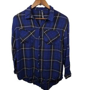Lord & Taylor Blue Black Plaid Long Sleeve Button Front Shirt Small